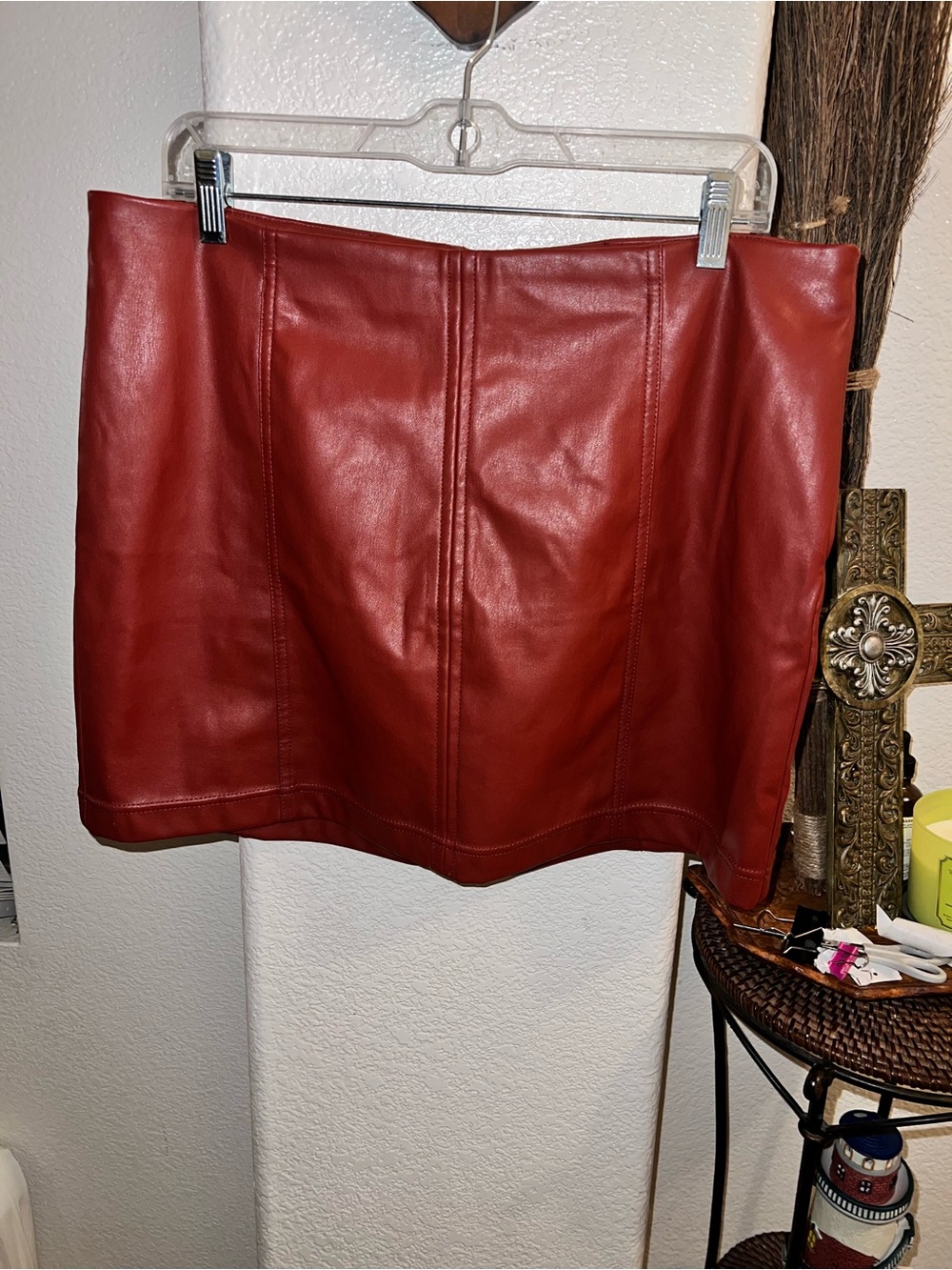 Tinseltown Faux Leather A-Line Mini Skirt in Brick Red - Picture 3 of 5